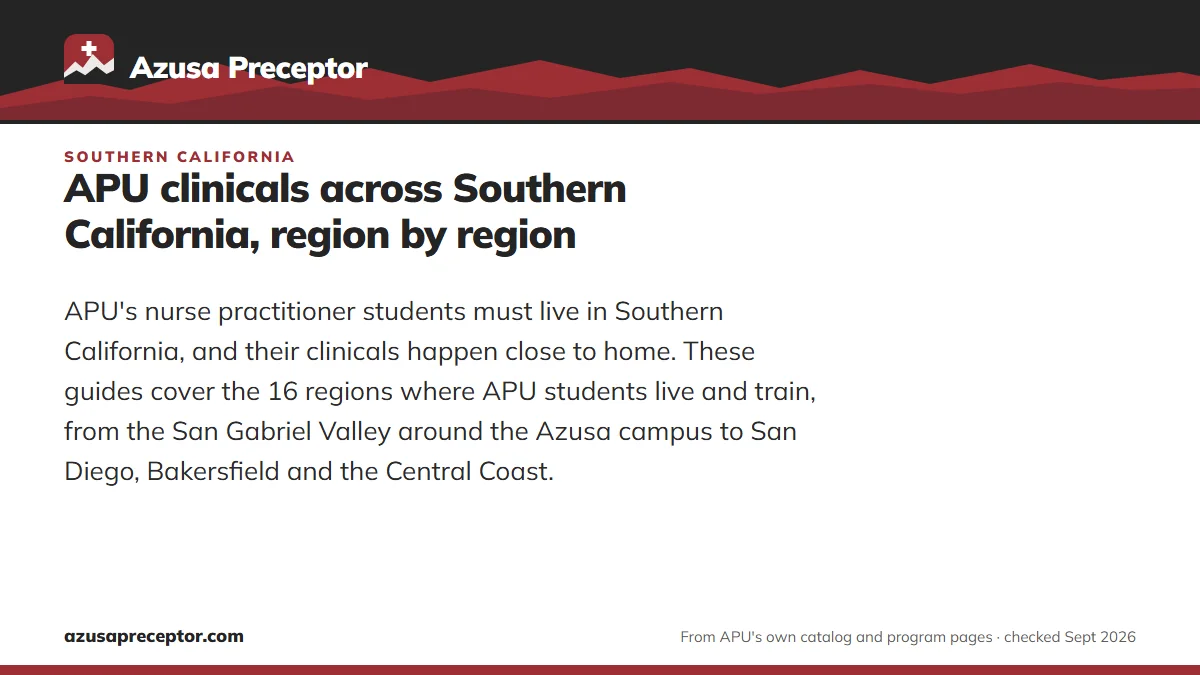 APU clinicals across Southern California, region by region. APU's nurse practitioner students must live in Southern California, and their clinicals happen close to home. These guides cover the 16 regions where APU studen